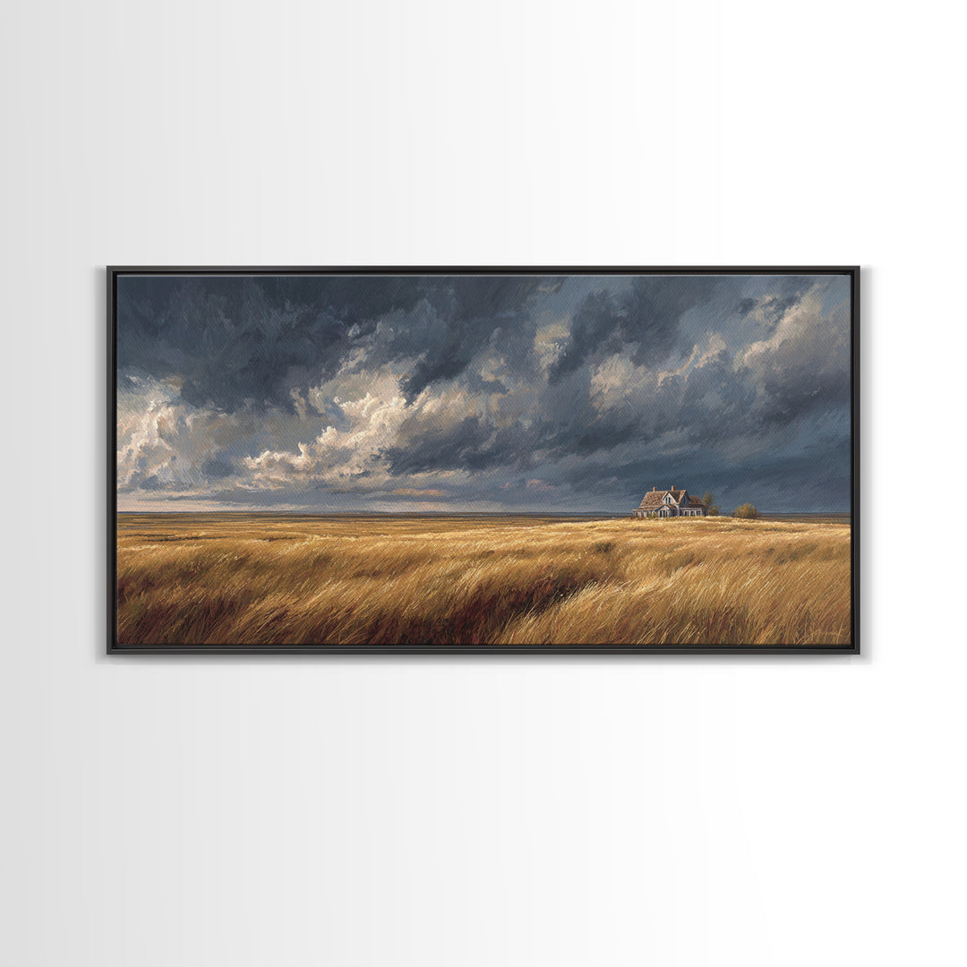 Golden Wheat Field With Rustic House Under Dramatic Sky Landscape Painting Canvas Print For Living Room Decor