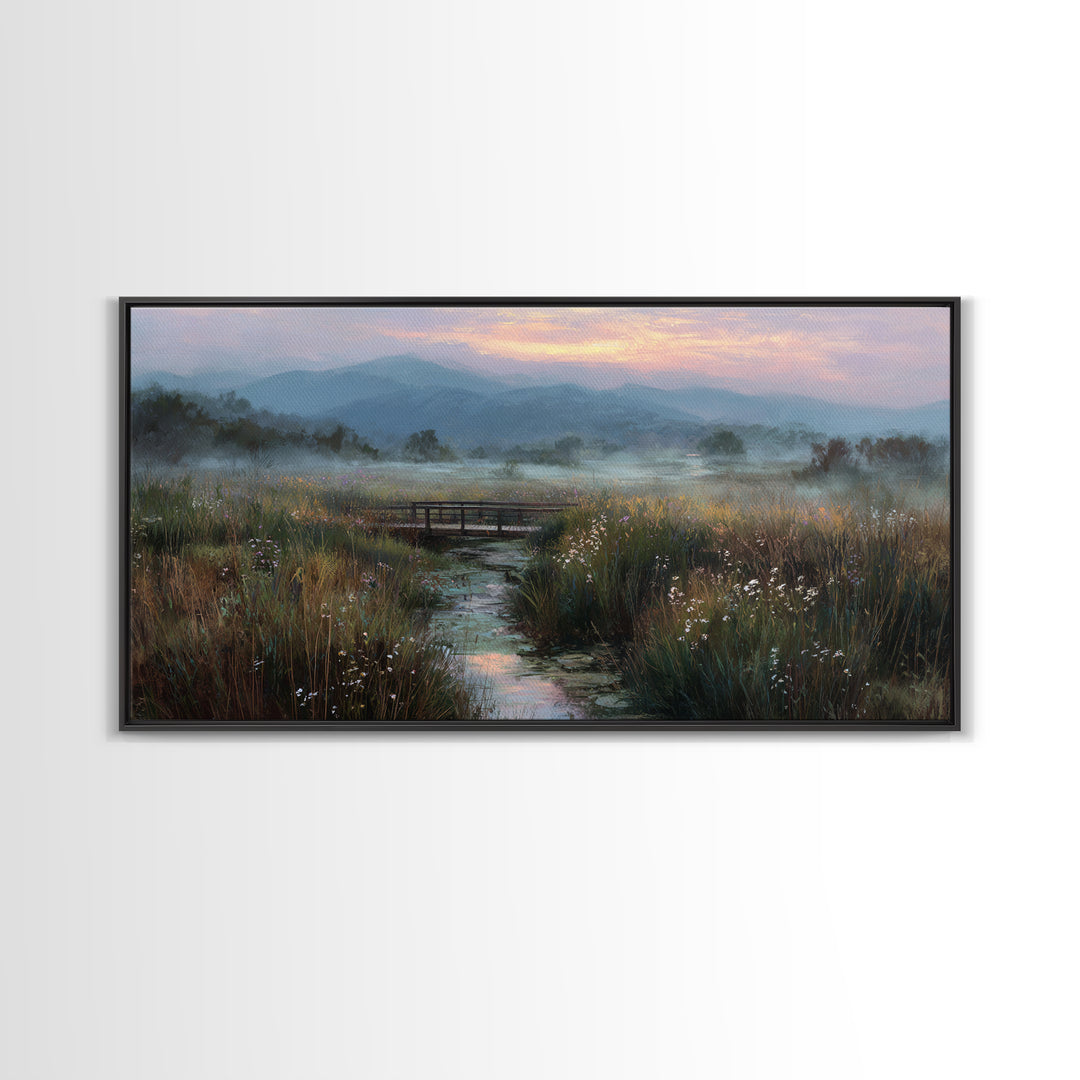 Tranquil Early Morning Meadow Landscape Oil Painting With Bridge Nature Wall Art For Rustic Home Decor Canvas Print
