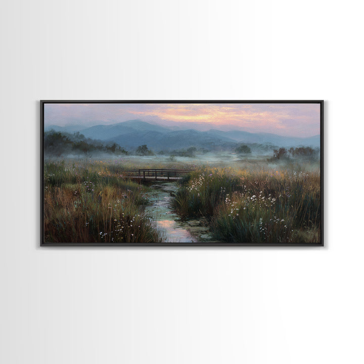 Tranquil Early Morning Meadow Landscape Oil Painting With Bridge Nature Wall Art For Rustic Home Decor Canvas Print