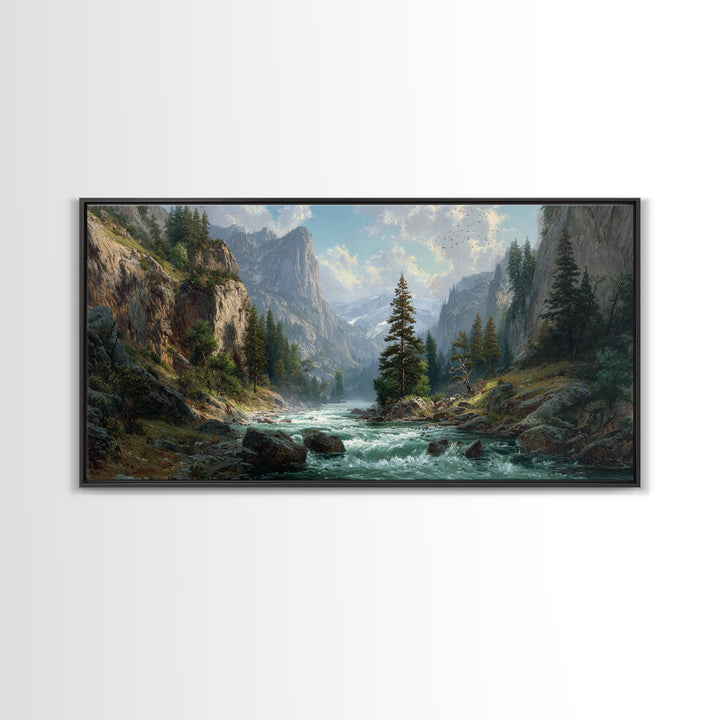 Majestic Mountain River Landscape Painting Large Wall Art Framed Canvas Print Rustic Home Decor Wall Hanging For Living Room Office