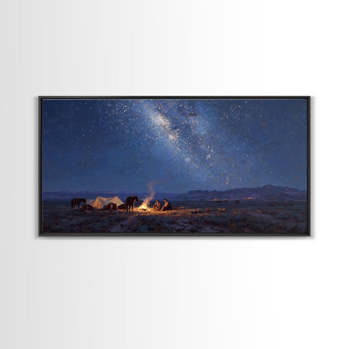 Western Night Landscape Painting With Campfire And Horses Under Starry Sky Wall Art
