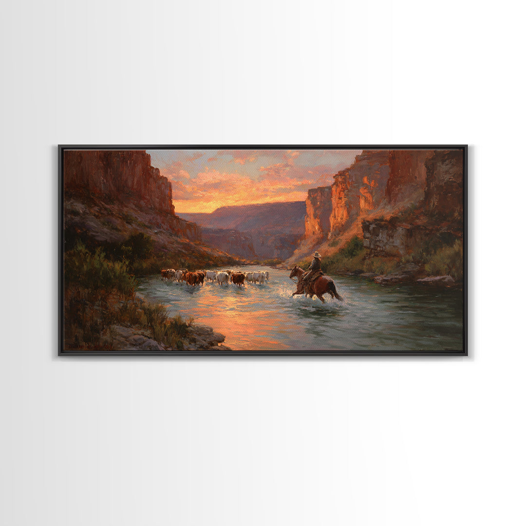Peaceful Cowboy Herding Cattle At Sunset In Expansive Western Landscape Oil Painting Large Wall Art For Rustic Decor