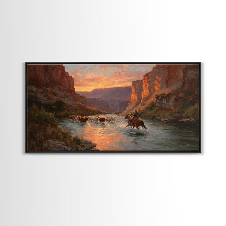 Peaceful Cowboy Herding Cattle At Sunset In Expansive Western Landscape Oil Painting Large Wall Art For Rustic Decor