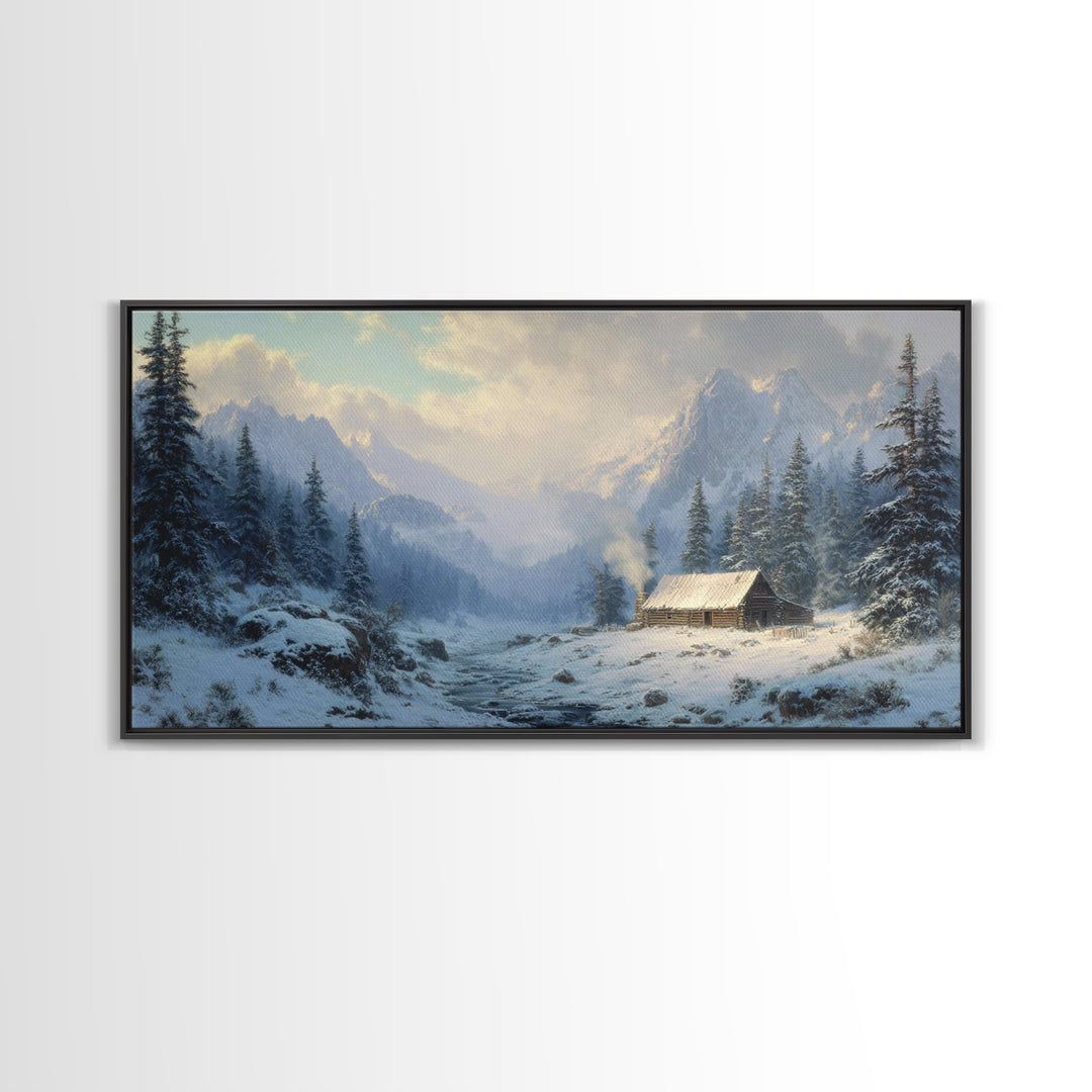 Classic Winter Cabin In Snowy Mountain Landscape Wall Art Framed Canvas Print Rustc Lodge Decor Cabin Wall Art Gift For Men