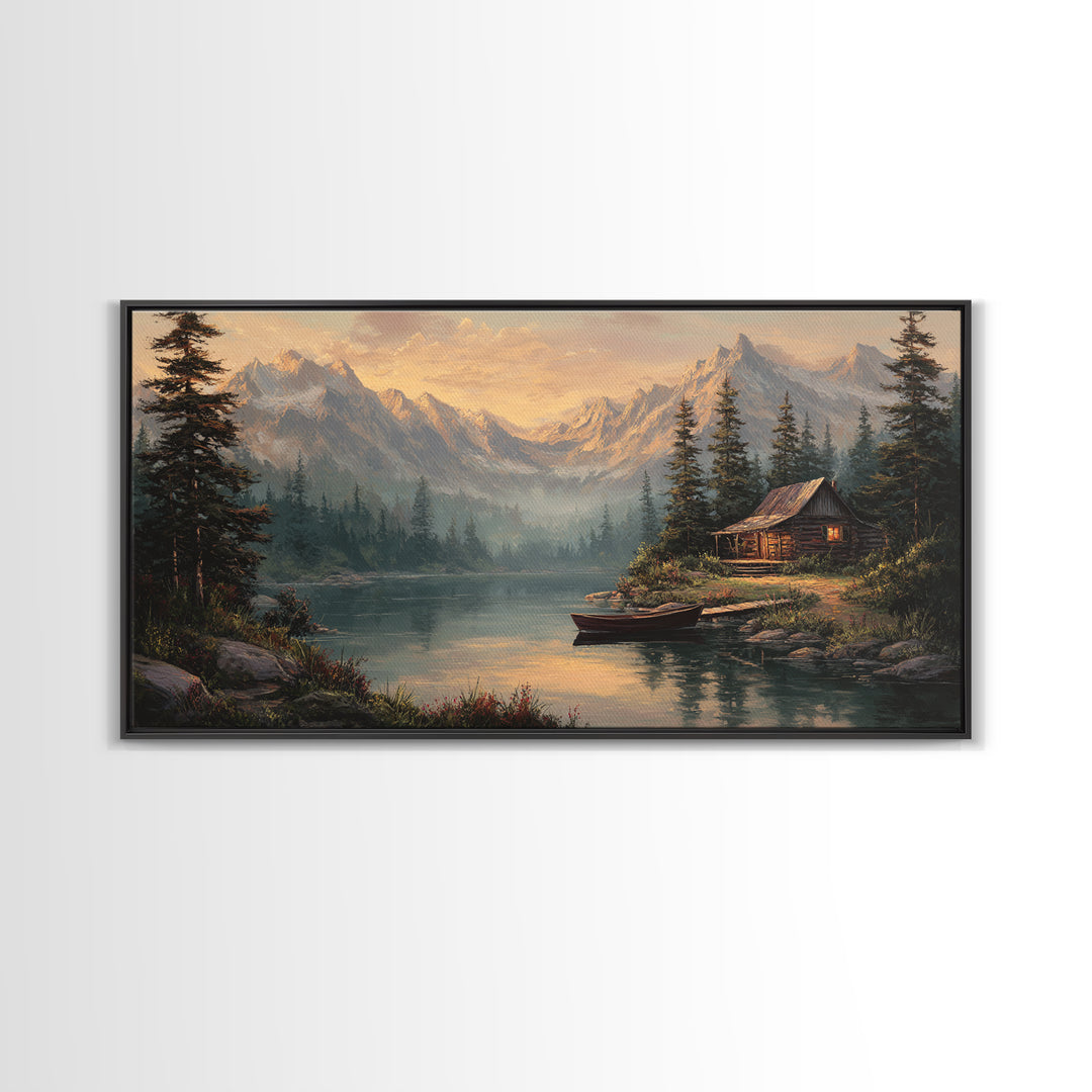 Peaceful Lake Cabin Landscape Canvas Print Quiet Rustic Wall Art Home Decor Tranquil Nature Scene