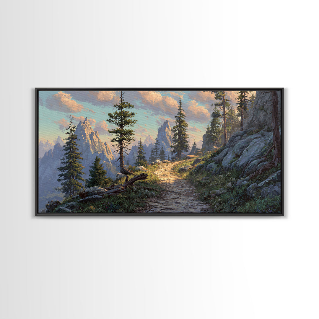 Mountain Landscape With Pine Trees And Rocky Path Scenic Nature Wall Art Framed Canvas Print For Living Room Decor