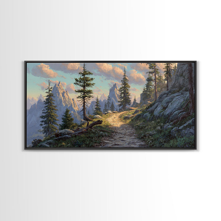 Mountain Landscape With Pine Trees And Rocky Path Scenic Nature Wall Art Framed Canvas Print For Living Room Decor