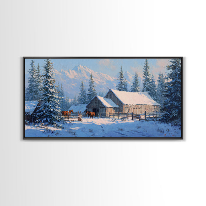 Charming Snowy Barn Winter Landscape Oil Painting Wall Art Framed Canvas Print Rustic Home Decor Cabin Living Room Art Print
