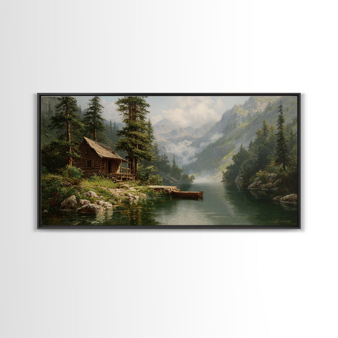 Peaceful Riverside Cabin Landscape Painting Wall Art Framed Canvas Print Rustic Home Decor Large Art Print