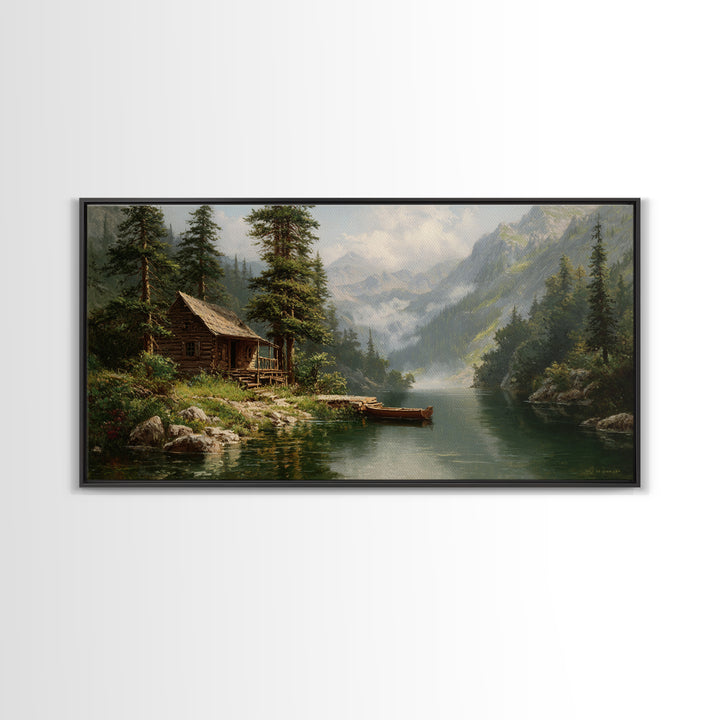 Peaceful Riverside Cabin Landscape Painting Wall Art Framed Canvas Print Rustic Home Decor Large Art Print