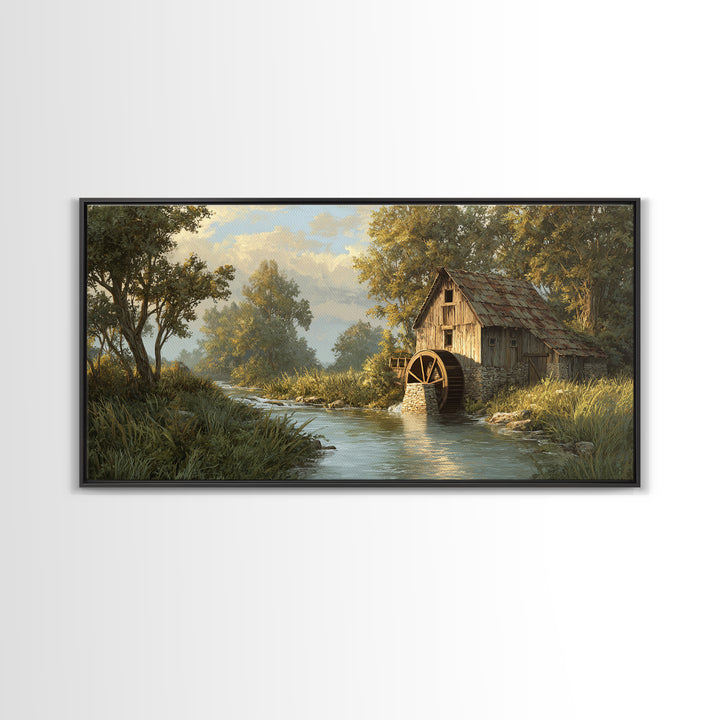 Rustic Watermill On River Landscape Oil Painting Canvas Print Wall Art For Cozy Farmhouse Home Decor