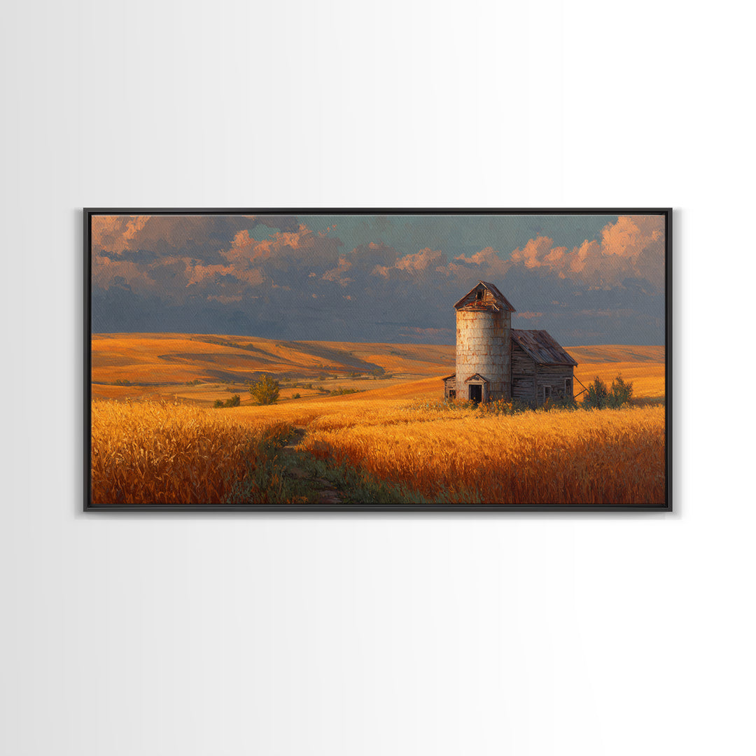 Rustic Barn In Golden Wheat Field Landscape Painting Beautiful Country Scene Wall Art Framed Canvas Print For Farmhouse Decor