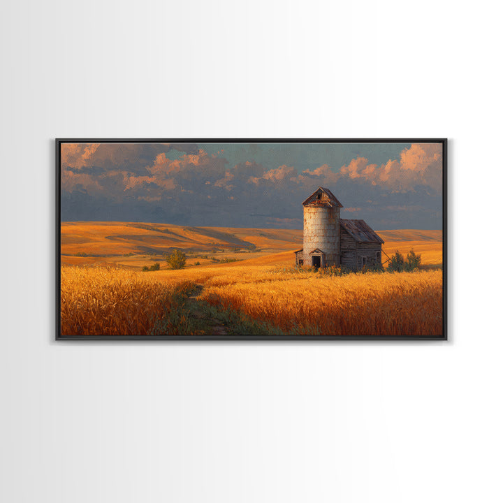 Rustic Barn In Golden Wheat Field Landscape Painting Beautiful Country Scene Wall Art Framed Canvas Print For Farmhouse Decor