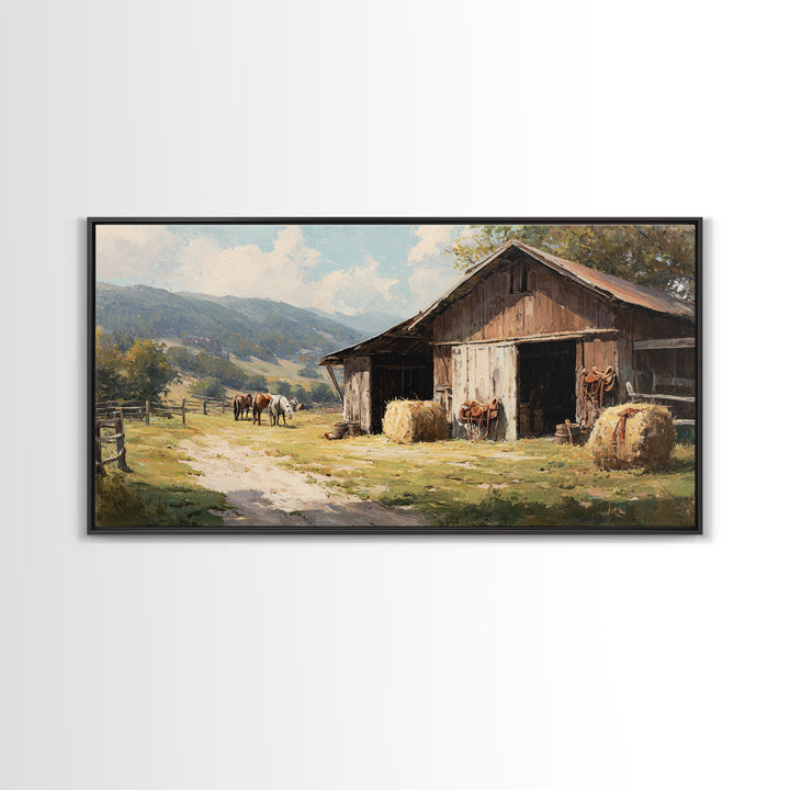 Rustic Western Hay Bales And Horses In Countryside Oil Painting Canvas Print For Farmhouse Wall Art And Country Home Decor