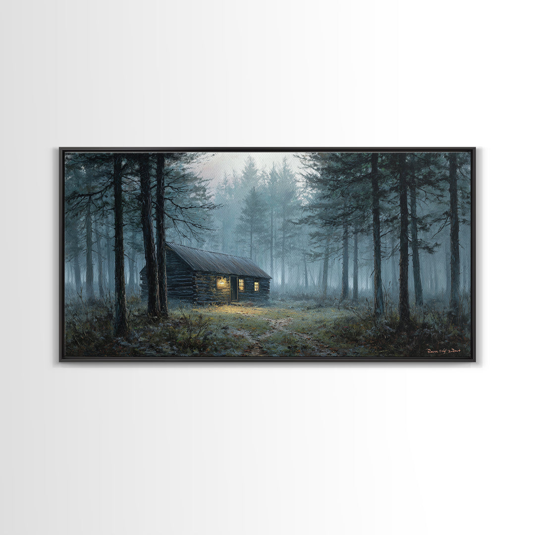 Misty Forest Cabin Landscape Wall Art Framed Canvas Print Cozy Rustic Home Decor Nature Painting