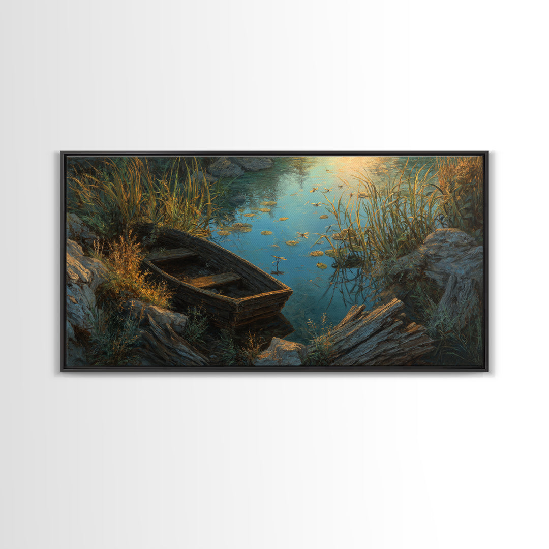 Rustic Oil Painting Capturing Quiet Lakeside With Old Wooden Boat Among Calm Water And Rocks Serene Nature Wall Art For Home Decor Framed Canvas Print