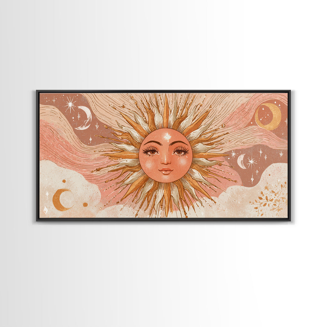 Boho Sun Face Wall Art, Celestial Moon And Stars Illustration, Terracotta Mystical Decor, Whimsical Nursery Art Print Gift