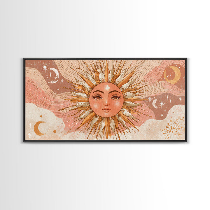 Boho Sun Face Wall Art, Celestial Moon And Stars Illustration, Terracotta Mystical Decor, Whimsical Nursery Art Print Gift