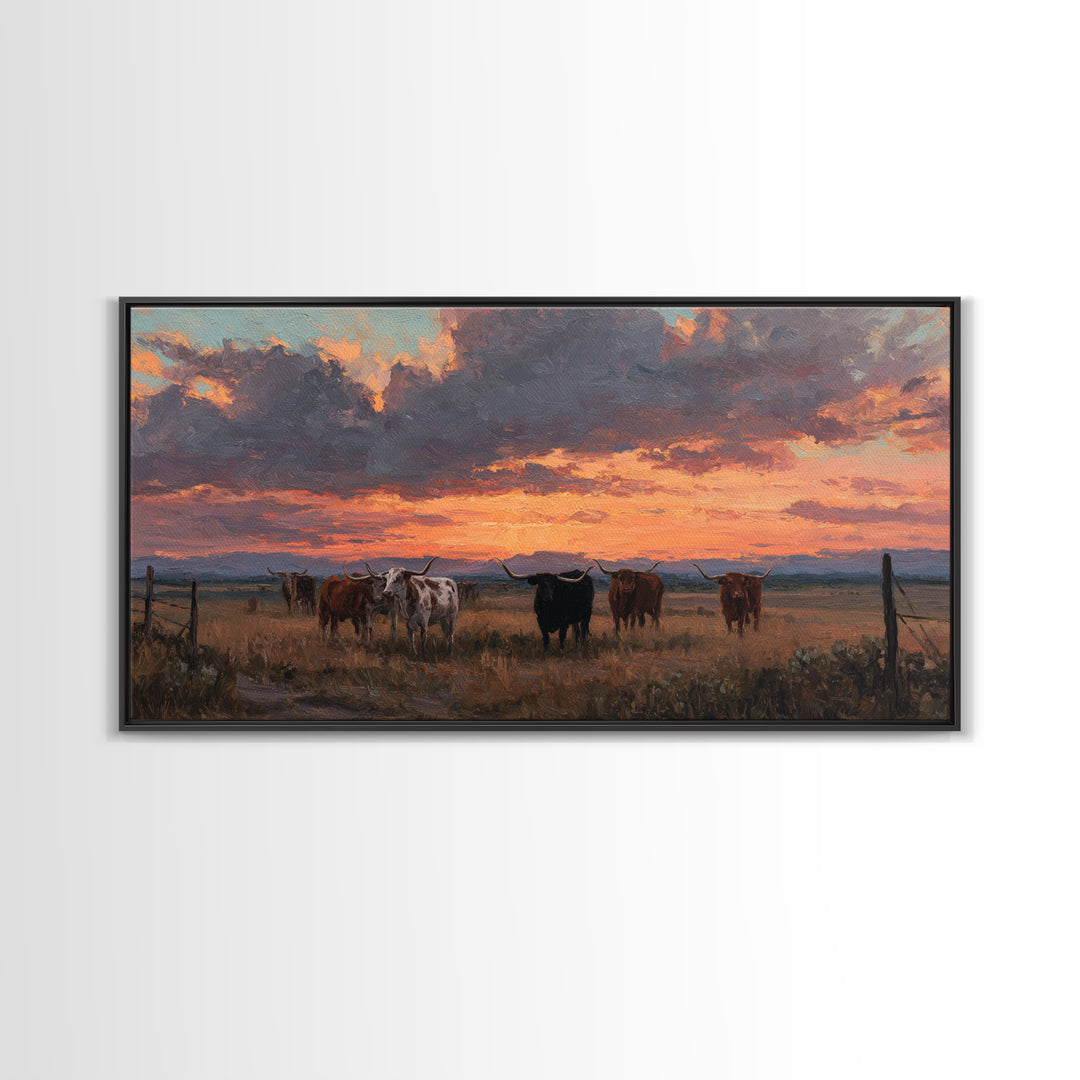 Dramatic Sunset Over Cattle Ranch With Vibrant Sky And Silhouetted Herd Canvas Print Large Wall Art For Rustic Decor