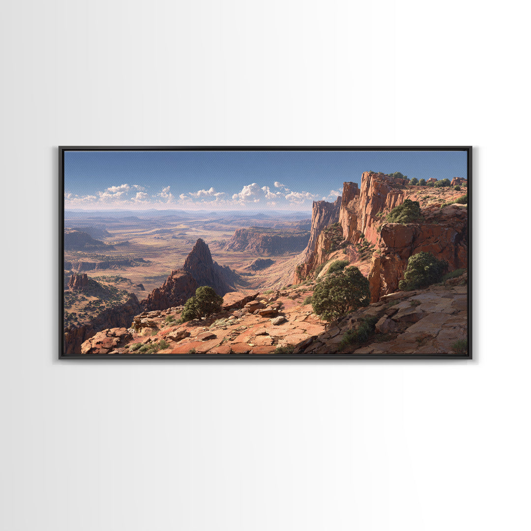 Stunning Desert Canyon Landscape Wall Art With Rocky Cliffs And Expansive View Framed Canvas Print For Home Decor