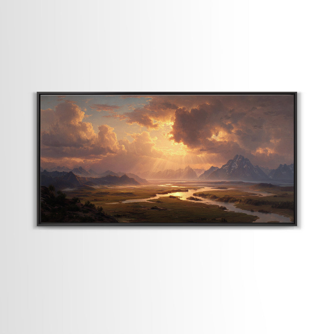 Sunset Mountain River Landscape Wall Art With Warm Golden Light Rays Illuminating Nature For Rustic Home Decor And Large Canvas Print