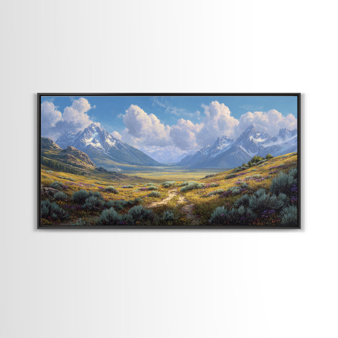 Stunning Realistic Mountain Landscape Painting Canvas Print Featuring Wildflowers And Blue Sky Large Wall Art For Living Room Decor