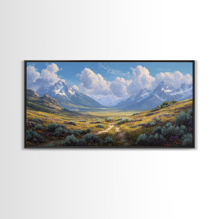 Stunning Realistic Mountain Landscape Painting Canvas Print Featuring Wildflowers And Blue Sky Large Wall Art For Living Room Decor