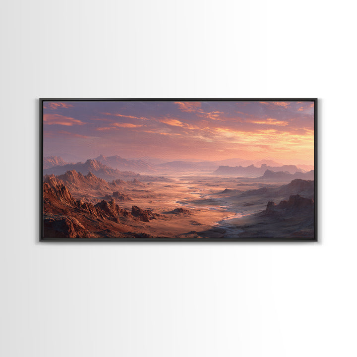 Expansive Desert Canyon Landscape With Warm Sunset Glow Moody Wall Art Framed Canvas Print Suitable For Living Room Decor