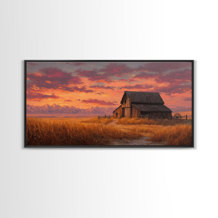 Rustic Old Wooden Barn With Wheat Field Landscape Rustic Wall Art Painted Canvas Print Farmhouse Decor Framed Wall Art