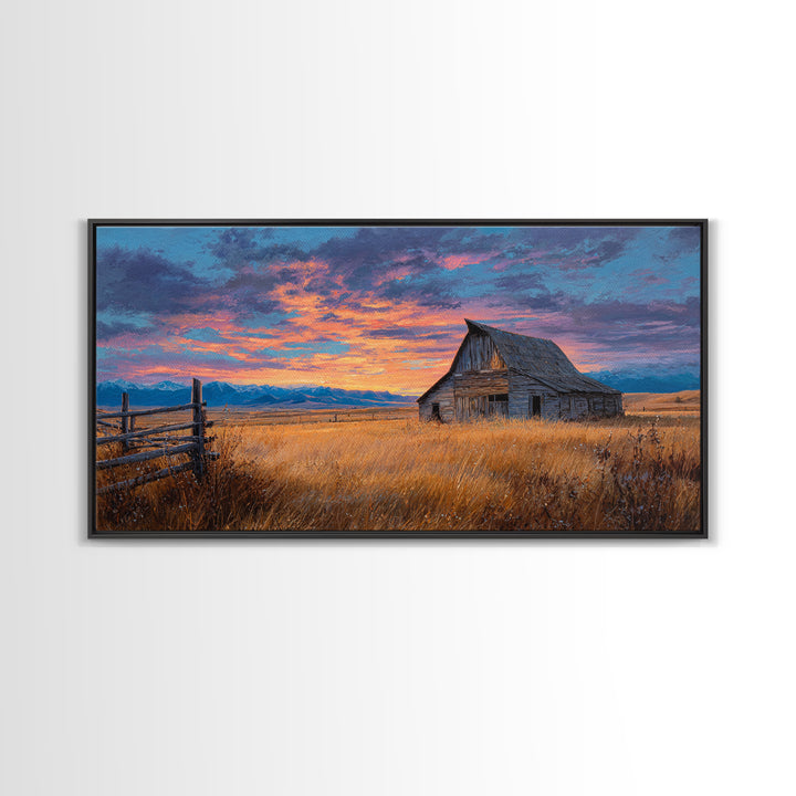 Rustic Barn Landscape Oil Painting With Golden Field And Mountain Background, Large Wall Art Canvas Print For Farmhouse Decor