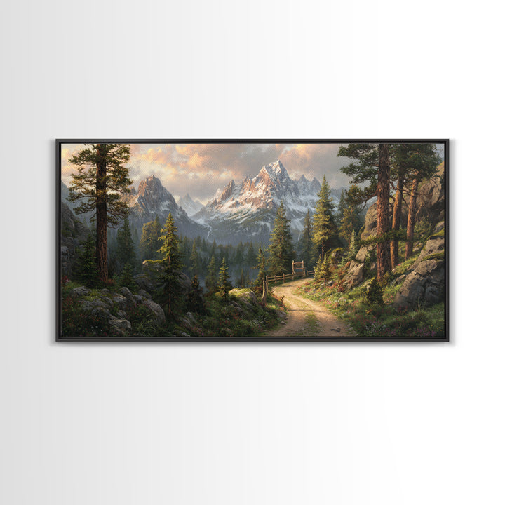 Majestic Mountain Path With Lush Pine Trees Wall Art Framed Canvas Print Landscape Painting For Rustic Home Decor Cabin Art