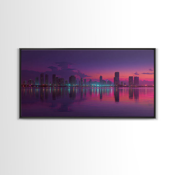 City Skyline At Dusk Stunning Sunset Colors Reflecting On Water Large Wall Art Framed Canvas Print Home Decor