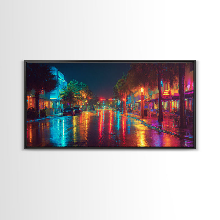 Colorful Night City Street With Neon Lights And Reflections On Wet Pavement Modern Wall Art Print Canvas