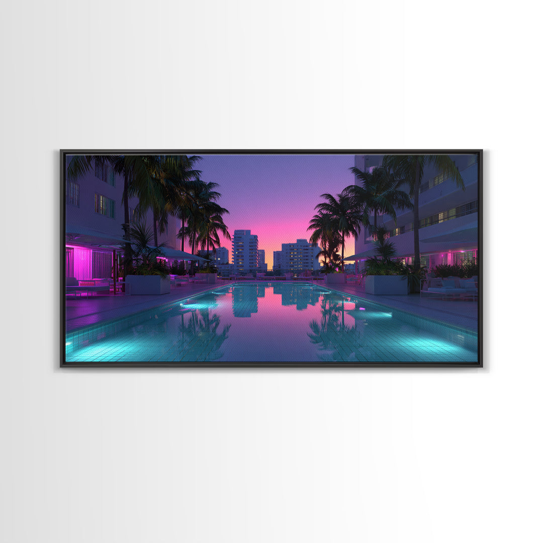 Luxury Modern Miami City Pool Sunset Palm Trees Reflected In Water For Chic Living Room Decor Framed Canvas Print