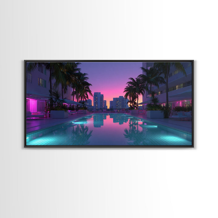 Luxury Modern Miami City Pool Sunset Palm Trees Reflected In Water For Chic Living Room Decor Framed Canvas Print