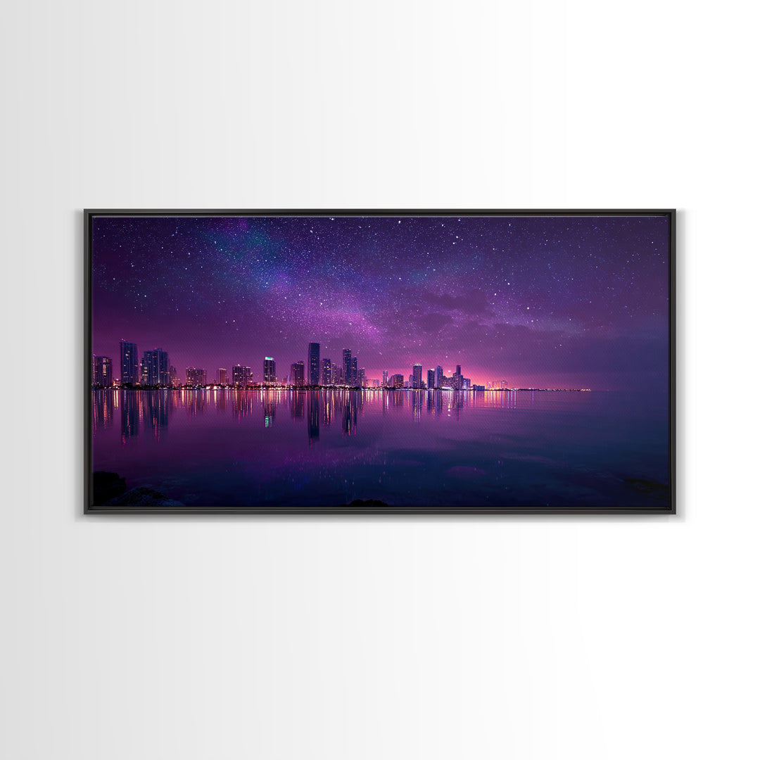 Vibrant Neon Purple City Skyline At Night With Starry Sky Reflections Wall Art Modern Wall Decor Canvas Print