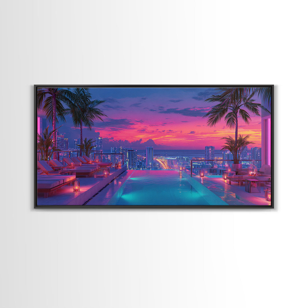 Vibrant Sunset Rooftop Pool Scene With Palm Trees And Cityscape Background Wall Art For Home Decor Framed Canvas Print