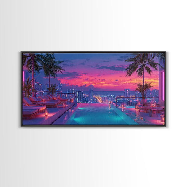 Vibrant Sunset Rooftop Pool Scene With Palm Trees And Cityscape Background Wall Art For Home Decor Framed Canvas Print