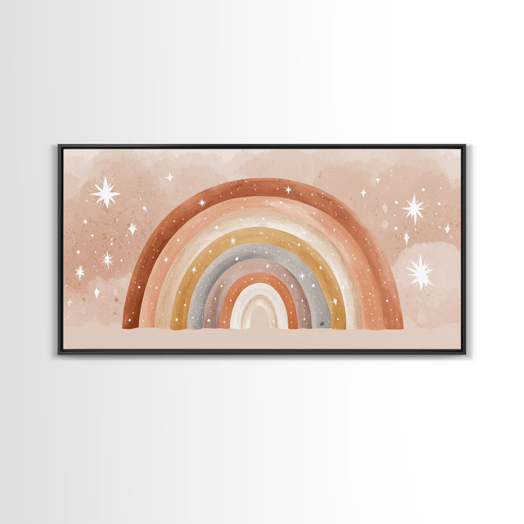 Starry Watercolor Rainbow Wall Art, Pastel Nursery Decor, Kids Room Wall Art, Boho Prints, Baby Shower Gift, Framed Canvas Print