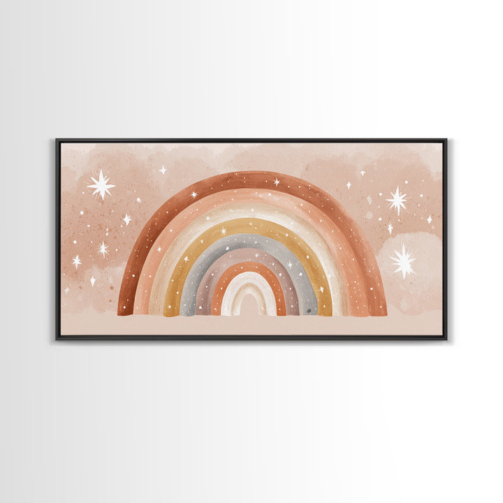 Starry Watercolor Rainbow Wall Art, Pastel Nursery Decor, Kids Room Wall Art, Boho Prints, Baby Shower Gift, Framed Canvas Print