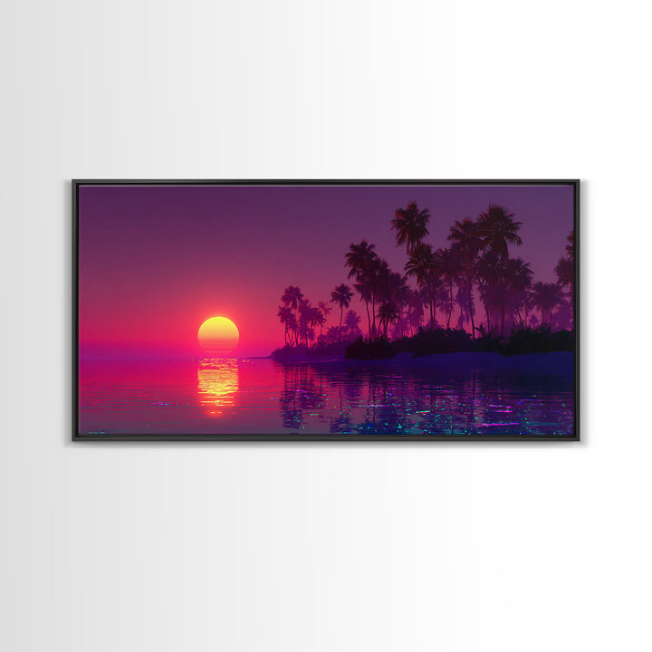 Tropical Sunset Beach Scene With Palm Trees Framed Canvas Print, Vibrant Coastal Wall Art For Living Room And Tropical Home Decor