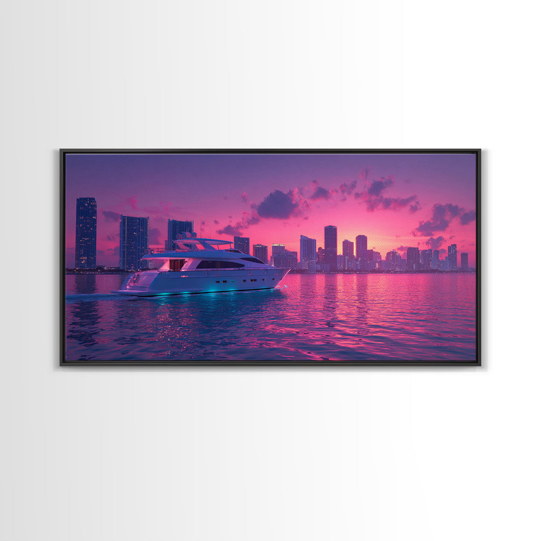 Luxury Yacht Sailing At Vibrant Pink Sunset Skyline With Modern Cityscape Featured As Wall Art For Home Decor