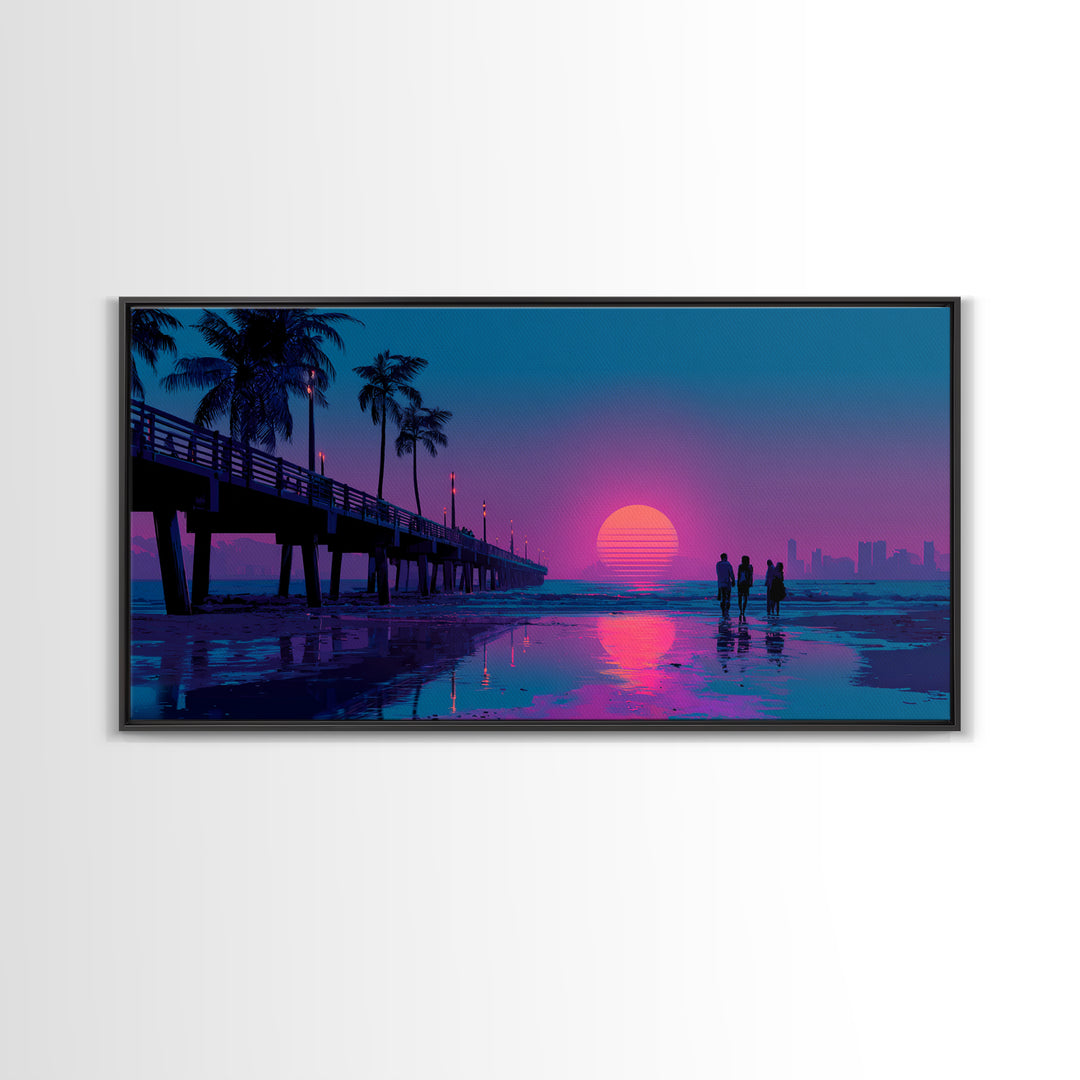 Vibrant Neon Sunset Beach Scene With Silhouettes Of People Framed Canvas Print Coastal Wall Art For Modern Living Room And Bedroom Decor
