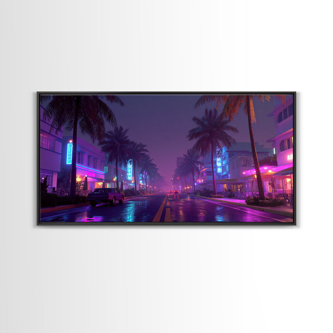 Night City Street Scene With Neon Lights And Palm Trees, Framed Canvas Print For Retro Wall Art And Miami Home Decor