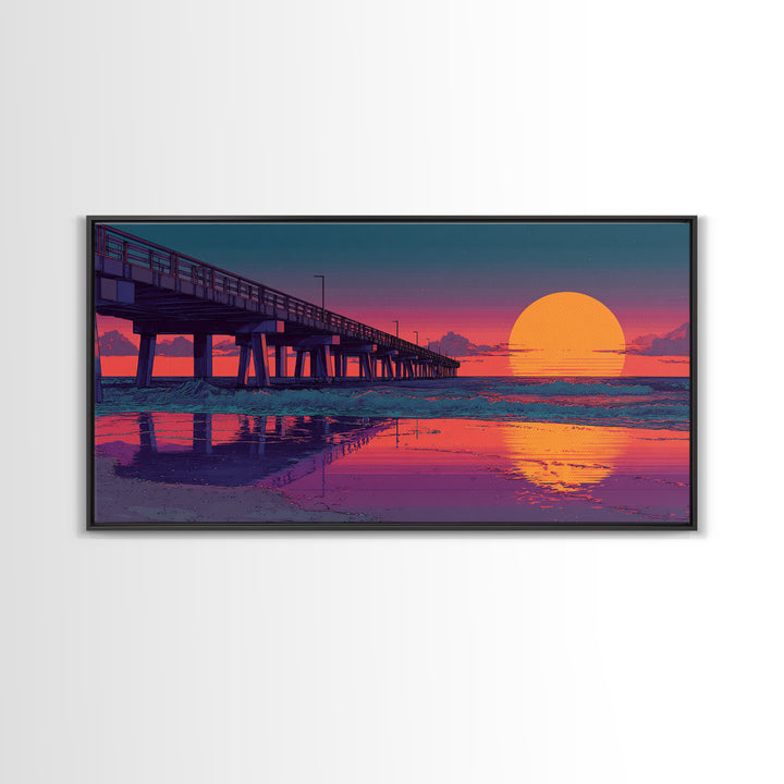 Sunset Pier Over Calm Ocean Waves Vibrant Pink Purple Beach Scene Wall Art Framed Canvas Print Coastal Home Decor