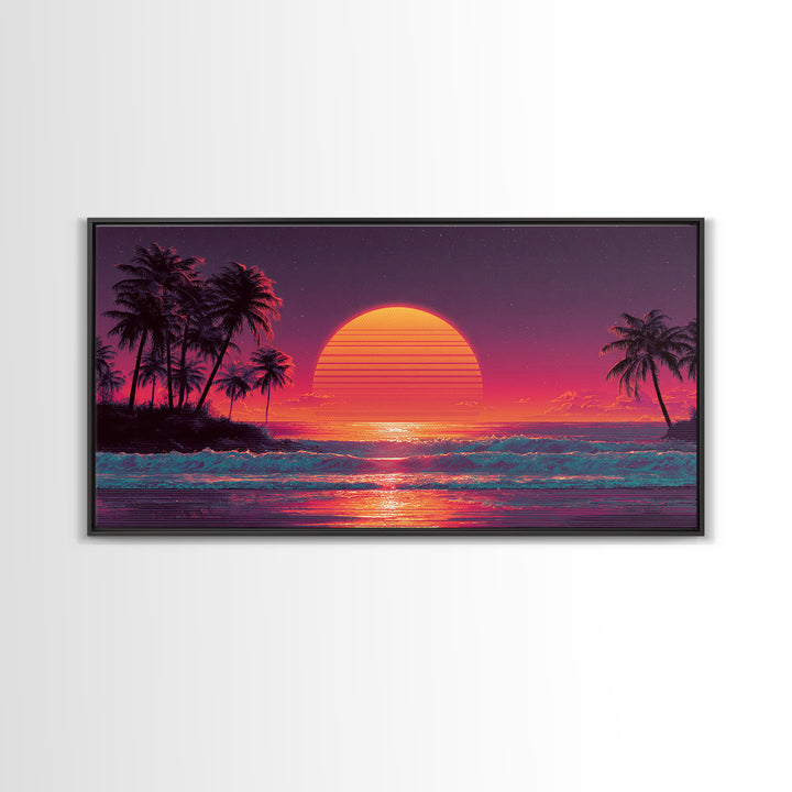 Vibrant Retro Sunset Tropical Beach Scene Digital Art Print Wall Art Framed Canvas Print Coastal Home Decor