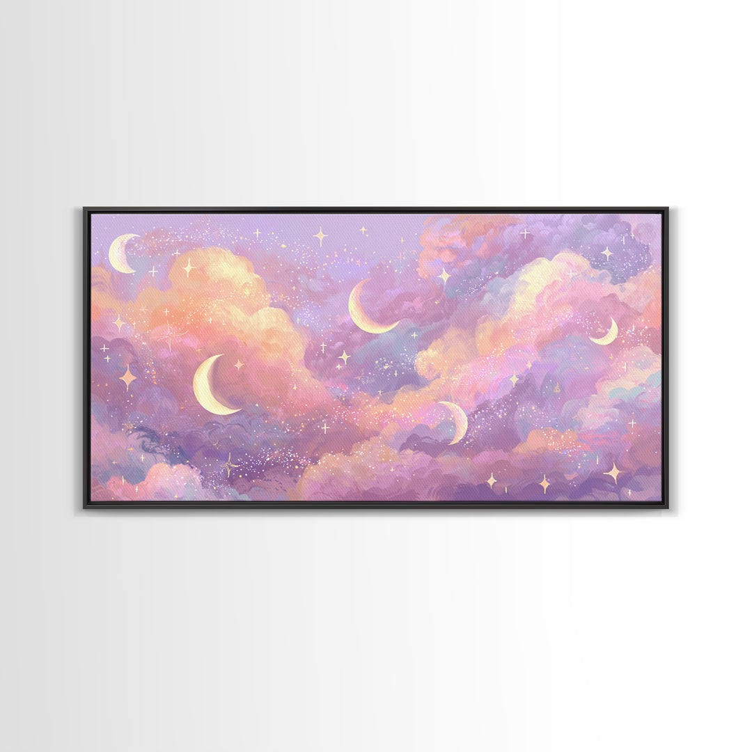 Pastel Crescent Moon Cloud Wall Art, Celestial Wall Art, Dreamy Nursery Decor, Whimsical Decor, Pink Bedroom Art, Canvas Print