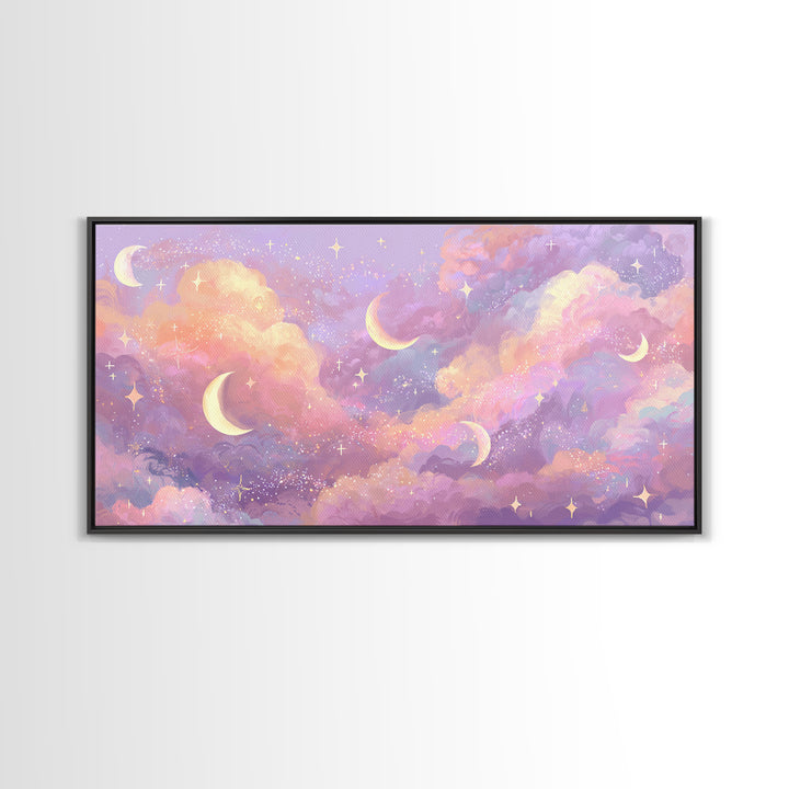 Pastel Crescent Moon Cloud Wall Art, Celestial Wall Art, Dreamy Nursery Decor, Whimsical Decor, Pink Bedroom Art, Canvas Print