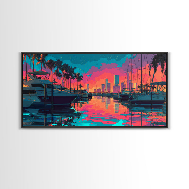 Colorful Harbor Scene With Boats Palm Trees And Sunset Sky Vibrant Contemporary Wall Art Canvas Print