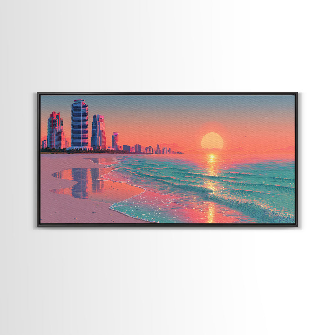 Vibrant Sunset Over Modern Coastal City Beach With Reflective Waves Wall Art Framed Canvas Print For Home Decor
